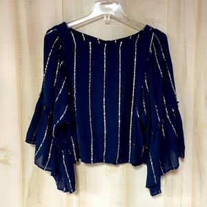 Anthropologie Floreat Navy Blue Silver Metallic Stripe Flowy Sleeve Top Sz S